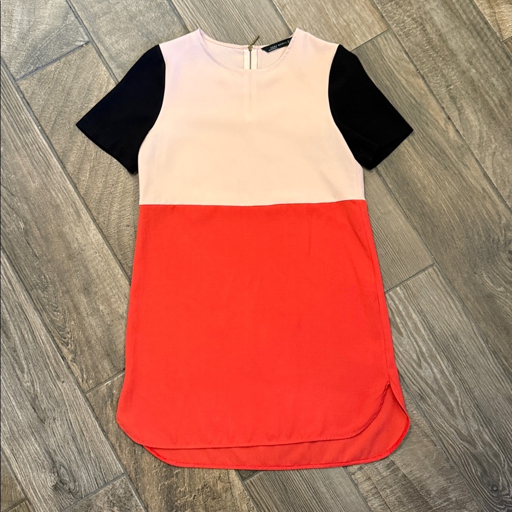 Zara Colorblock Shift Mini Dress Small Blush Pink Red Black Mod Short Sleeve - Picture 5 of 16